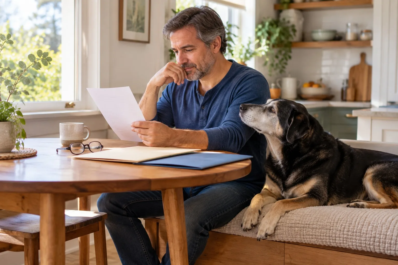 Owner reading papers at a kitchen table beside a resting dog